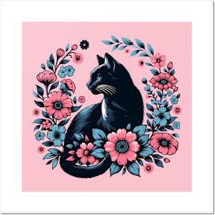 Black cat with flowers Posters and Art